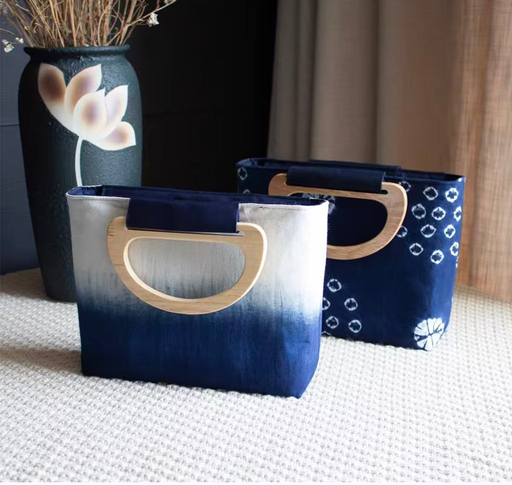 Indigo-Dyed Mini Tote Bag – Handmade Wood Handle Purse | Boho Gift