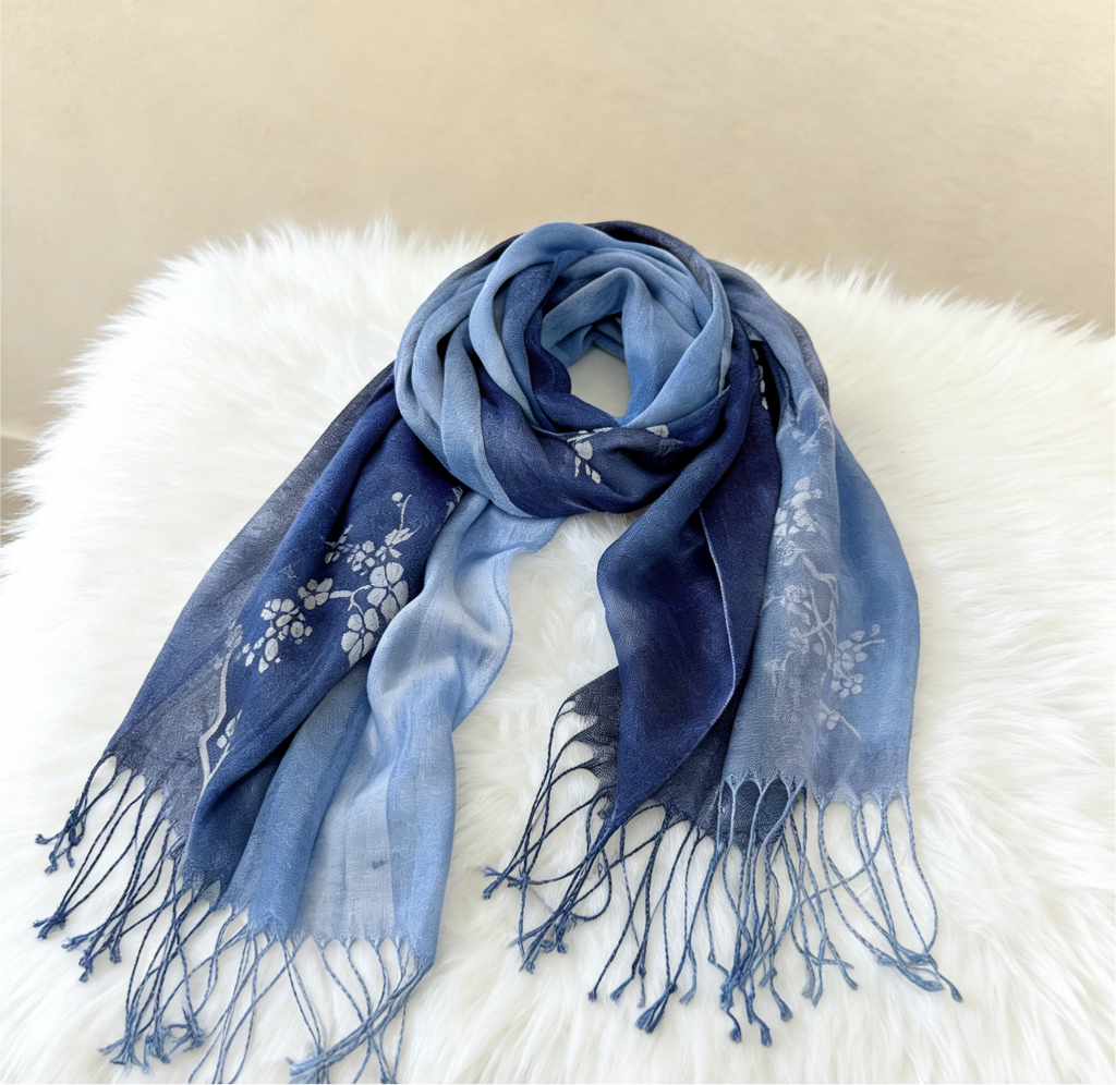 Indigo Batik Linen Shawl — Hand-Dyed Gradient Fringe Scarf