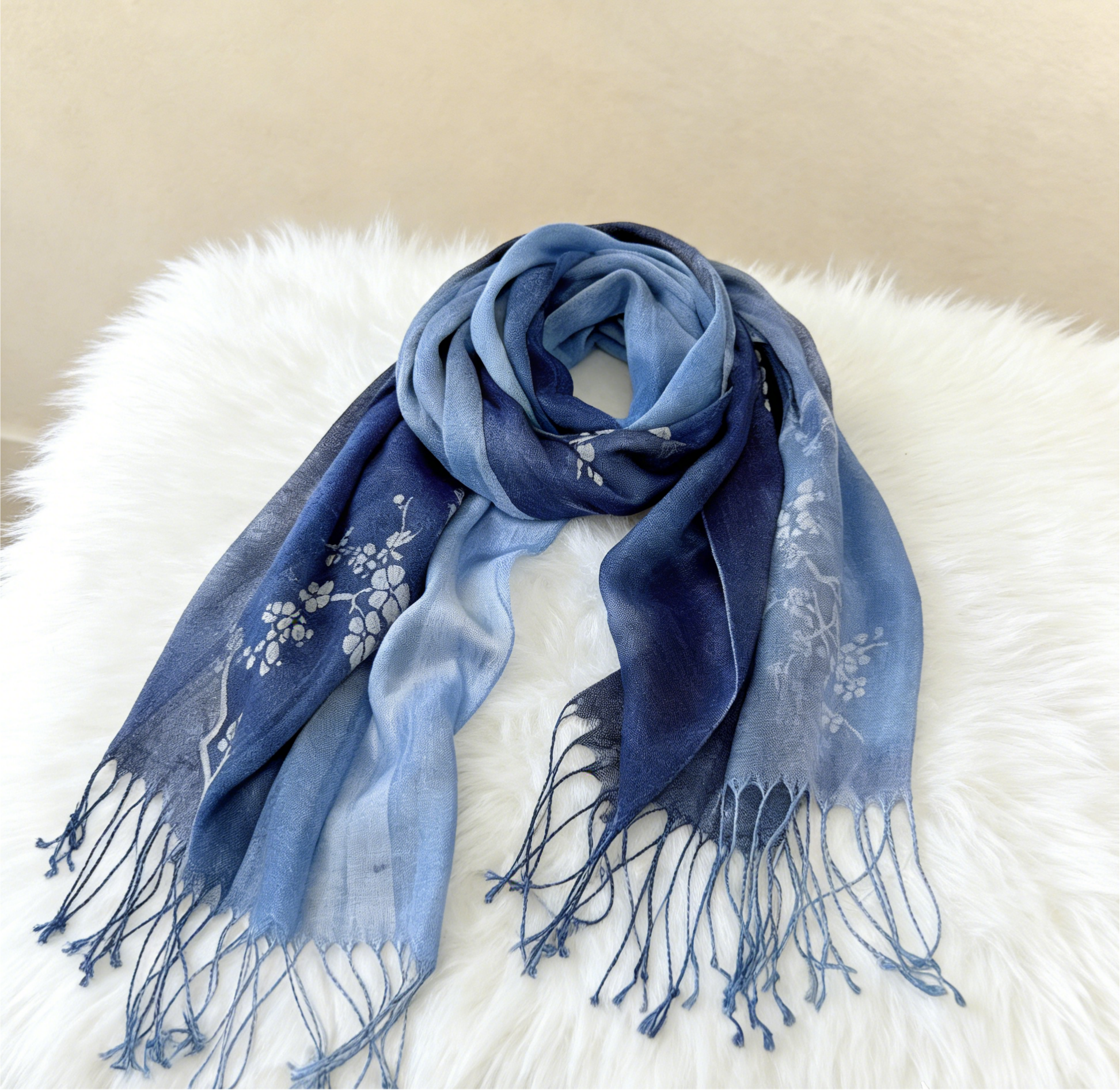Indigo Batik Linen Shawl — Hand-Dyed Gradient Fringe Scarf