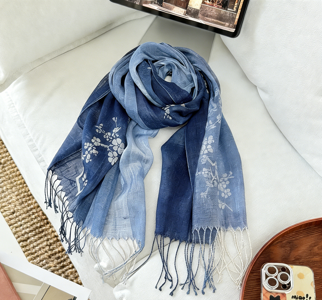 Indigo Batik Linen Shawl — Hand-Dyed Gradient Fringe Scarf