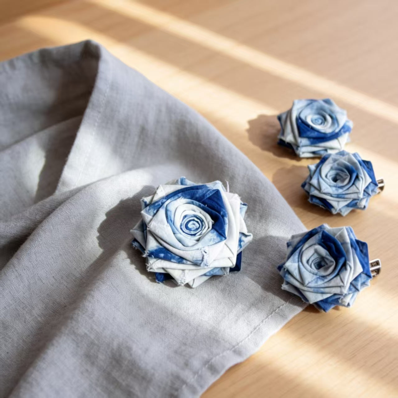 Indigo-Dyed Rose Brooch – Handmade Fabric Flower Pin | Artisan Boho Gift