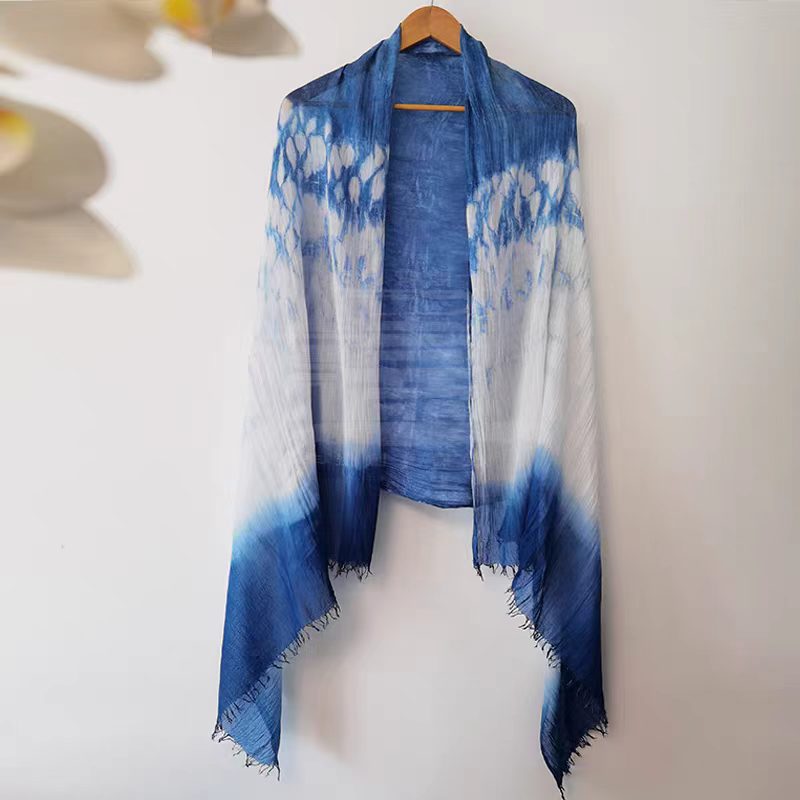 Pure Plant-Dyed Tie-Dye Scarf and Shawl Two-in-One Women's Cotton Long Style Indigo-Dyed Neckwarmer for Spring/Summer: Light Luxury, Sophisticated Artistic Casual