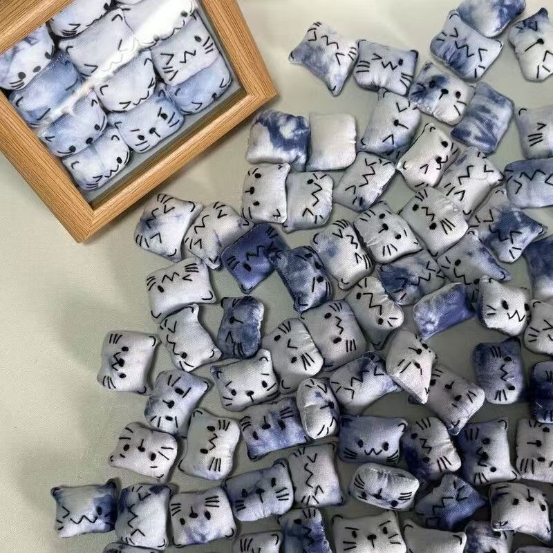 Natural Indigo Shibori Hand Tie Dye 3D Plush Kitten Framed Wall Art, Cute Cat Soft Sculpture Decor Frame for Bedroom, Cafe & Handmade Gift