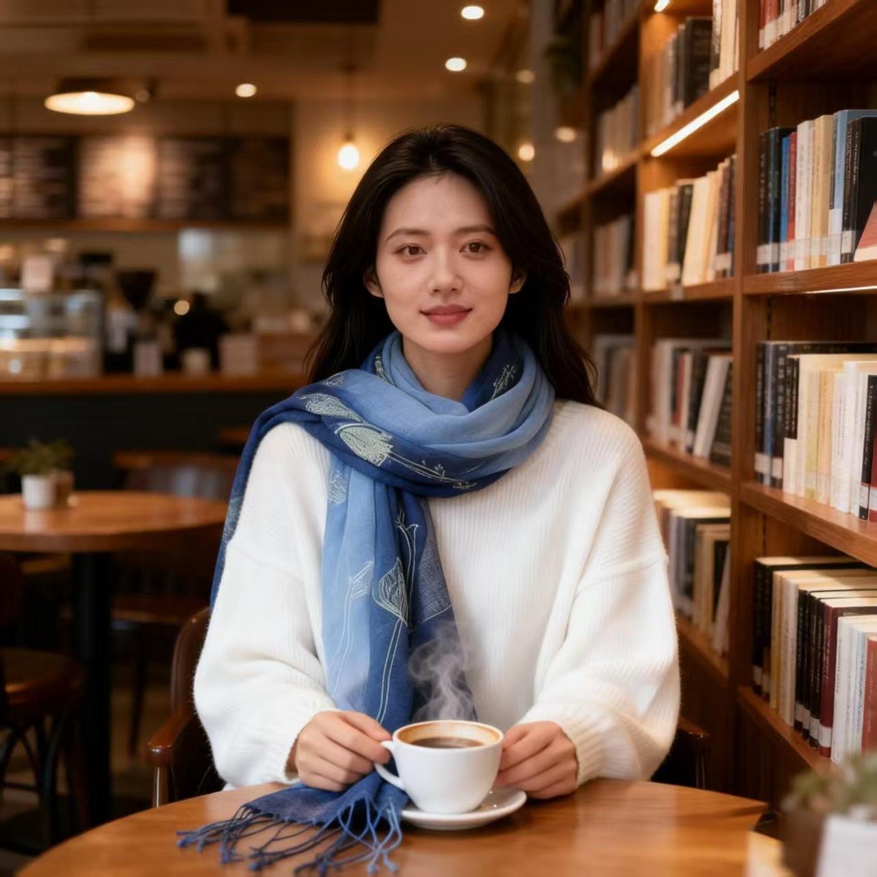 Autumn/Winter Linen Tie-Dye Scarf Gradient Indigo-Dyed Batik Scarf Women's Ethnic-Style Shawl Fringe-Trimmed Warm Silk Scarf