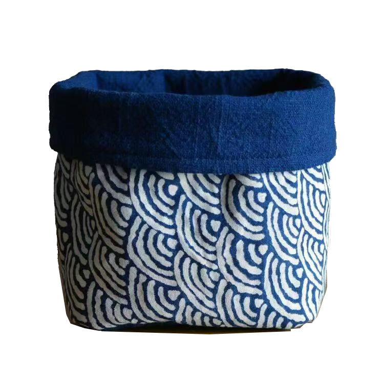 Handmade Indigo Dye Storage Basket - Small Fabric Organizer with Wave Pattern, Unique Blue & White Design