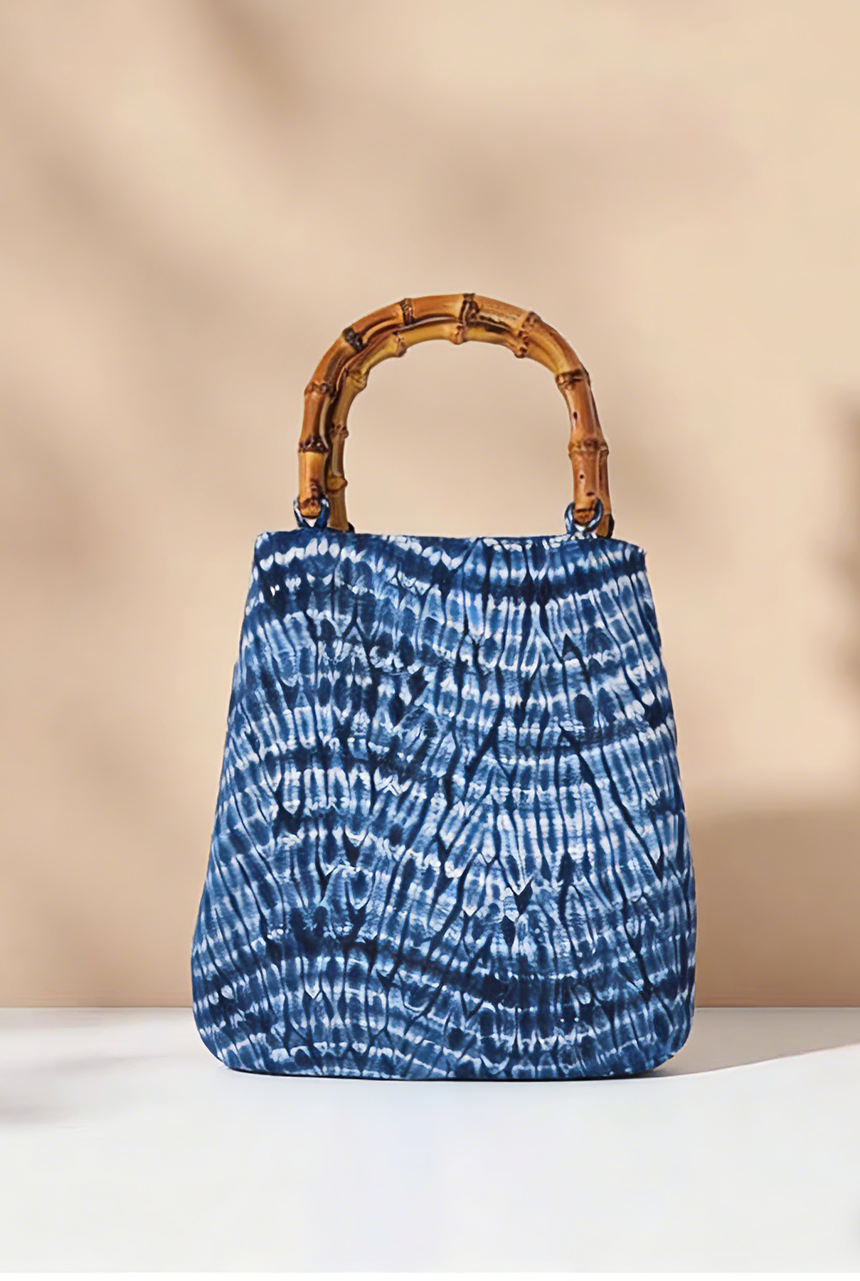 Indigo Batik Fan Tote — Bamboo Handle | Hand-Dyed