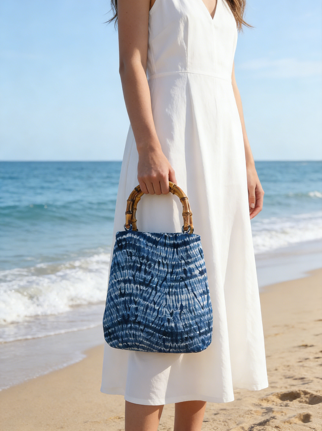 Indigo Batik Fan Tote — Bamboo Handle | Hand-Dyed