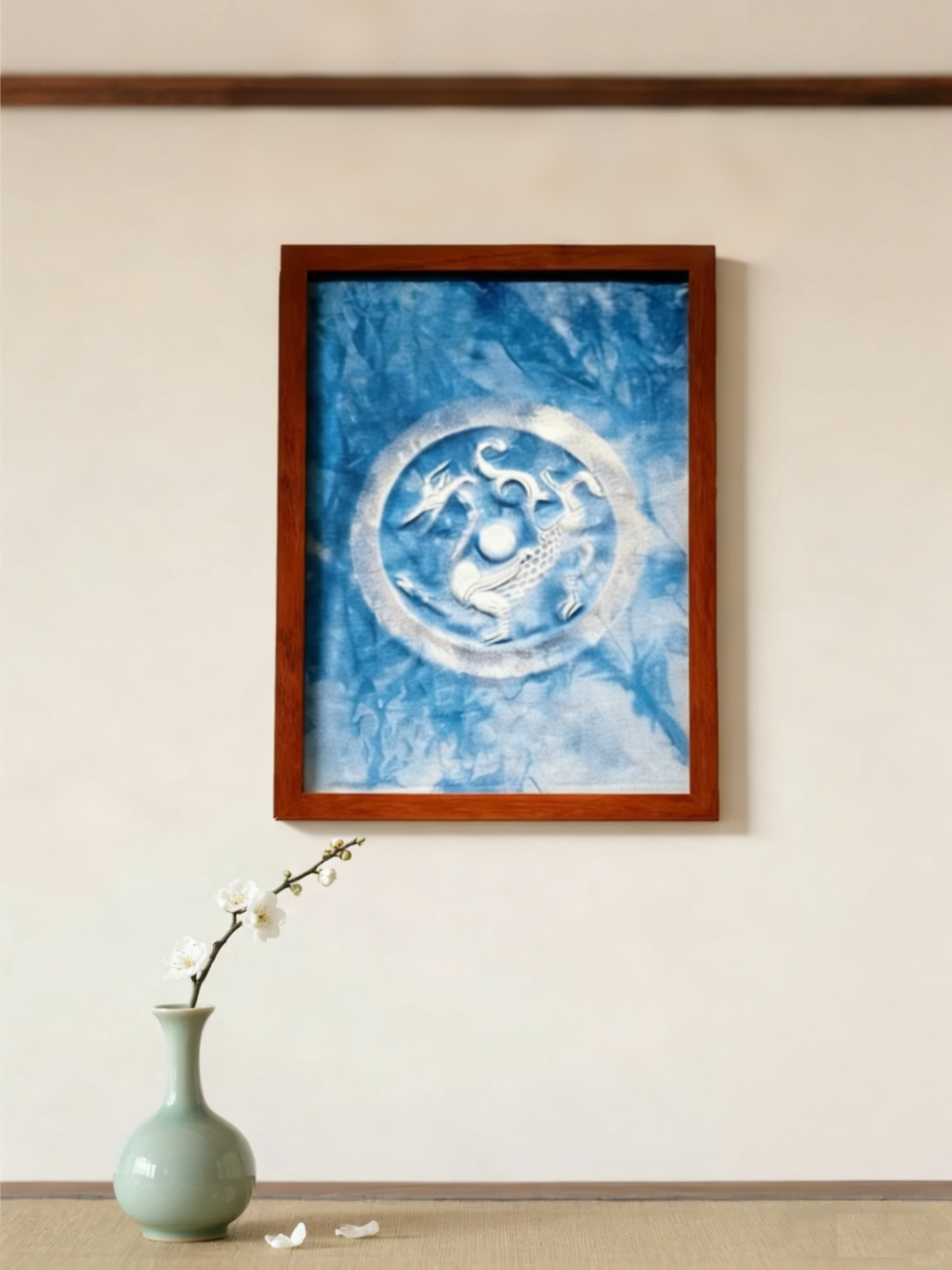 Handcrafted Indigo Wall Art | Traditional Chinese Tie-Dye Circular Relief, Framed Cotton Textile