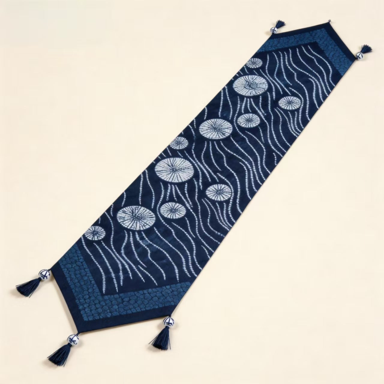 Indigo-Dyed Table Runner – Handmade Shibori Wave & Floral Boho Home Decor