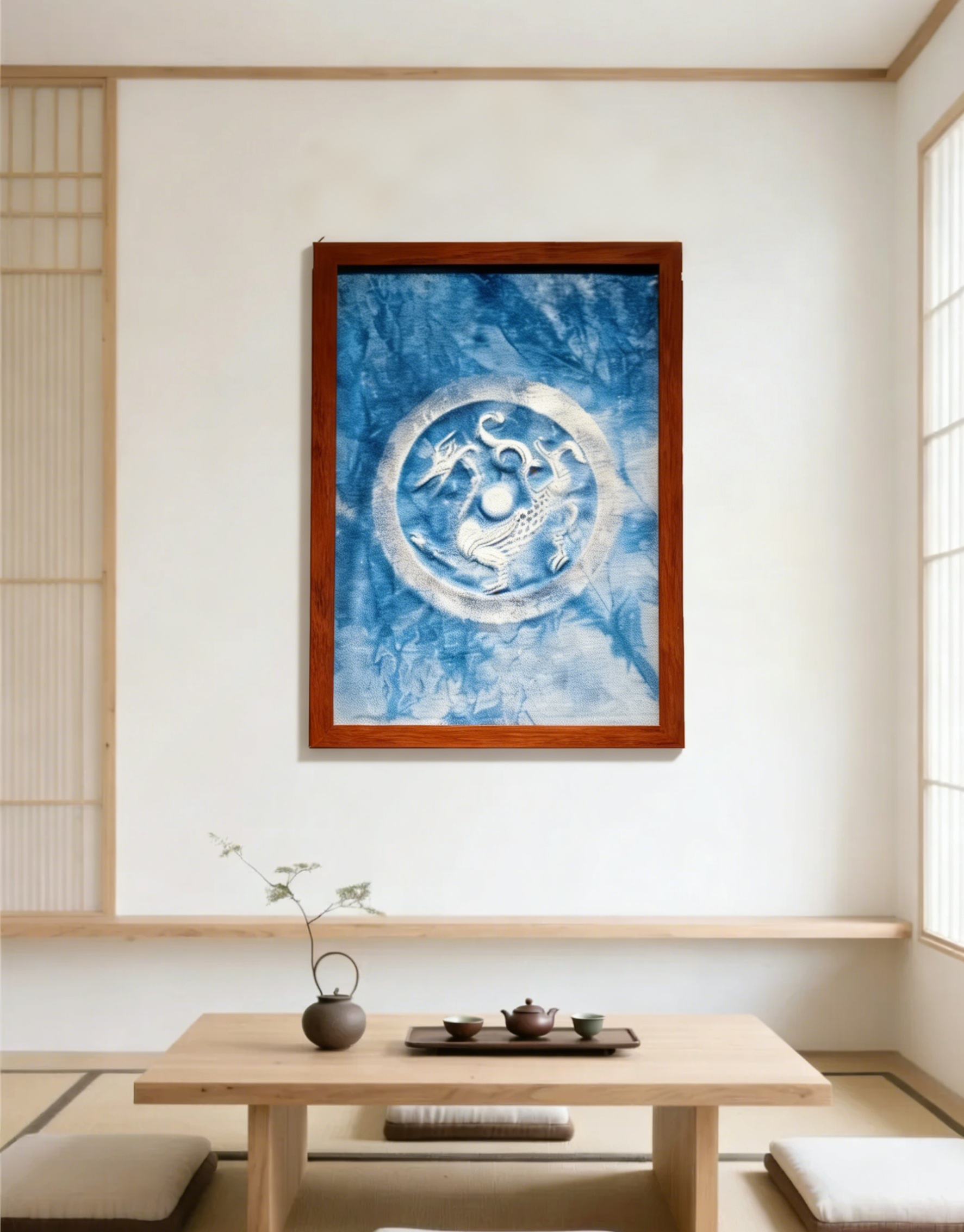 Handcrafted Indigo Wall Art | Traditional Chinese Tie-Dye Circular Relief, Framed Cotton Textile