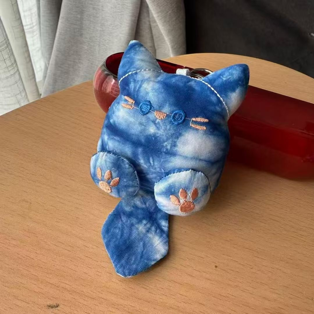 Indigo Shibori Hand Tie Dye Mini Cat Plush Keychain, Bohemian Soft Kitten Bag Charm Ornament for Backpack, Tote Bag & Key Gift
