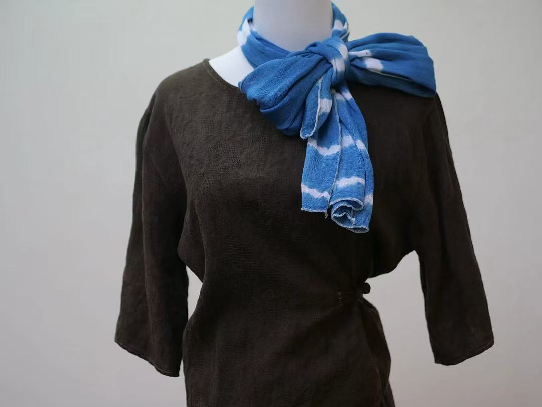 Handmade Indigo Tie-Dye Scarf ，Cotton Boho Shibori Scarf, Lightweight Blue & White Neck Wrap