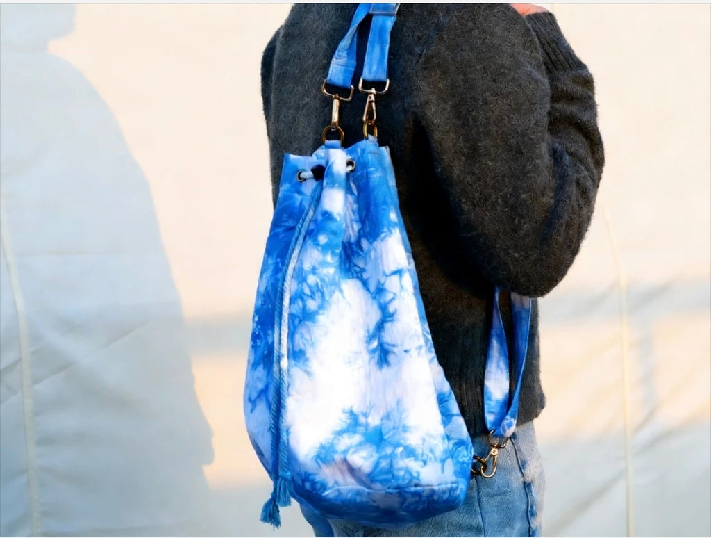 Hand-Dyed Indigo Drawstring Backpack | Shibori Cotton Boho Travel Bag