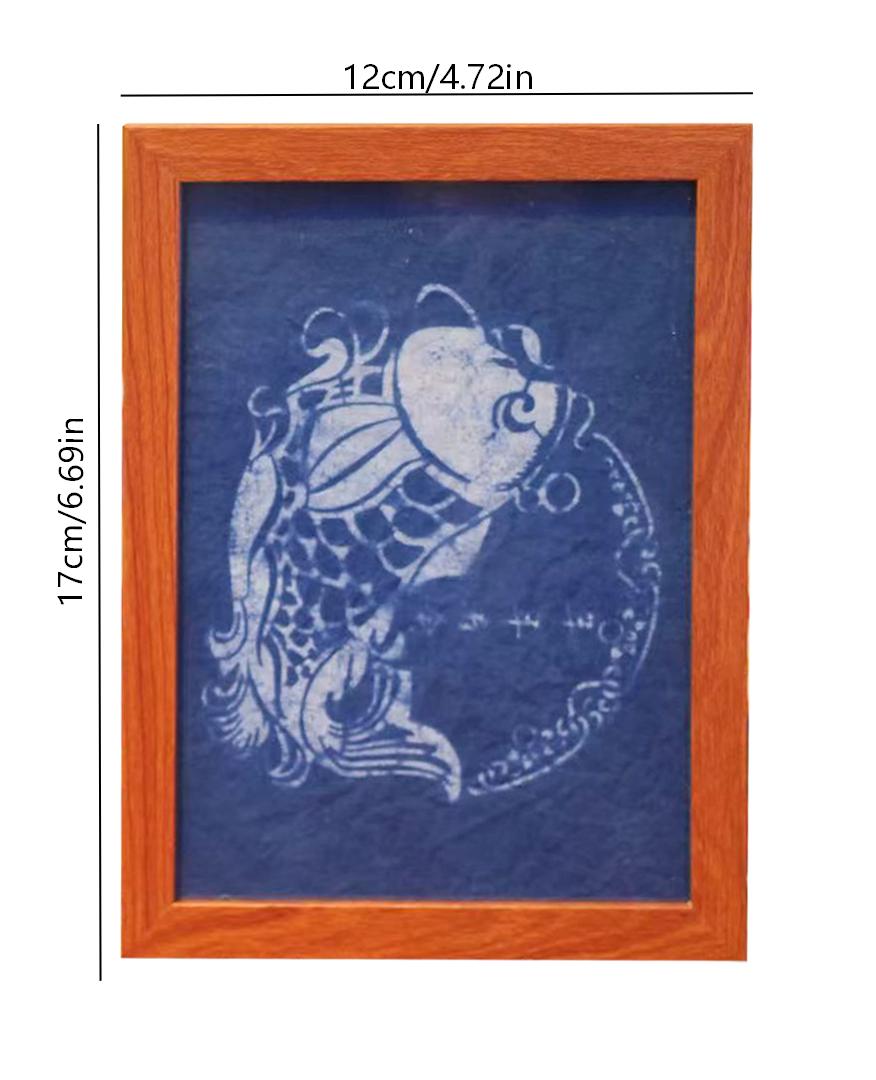 Handmade Indigo Dye Koi Fish Framed Wall Art, Cotton Textile Art for Home Decor