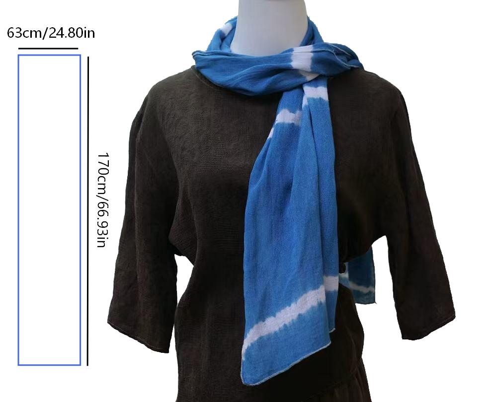 Handmade Indigo Tie-Dye Scarf ，Cotton Boho Shibori Scarf, Lightweight Blue & White Neck Wrap