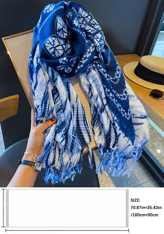 Handmade Indigo Tie-Dye Scarf，Boho Shibori Cotton Scarf with Tassels, Lightweight Blue & White Neck Wrap