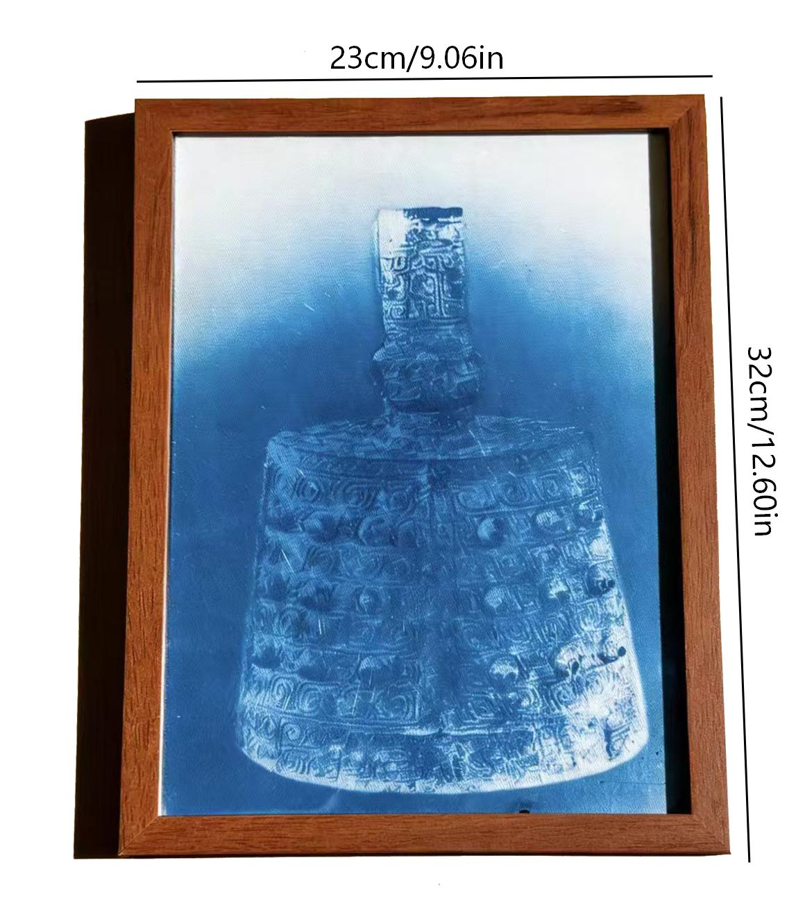 Handmade Indigo Dye Wall Art - Framed Bronze Bell Print, Cotton Shibori Artwork, Unique Blue & White Pattern