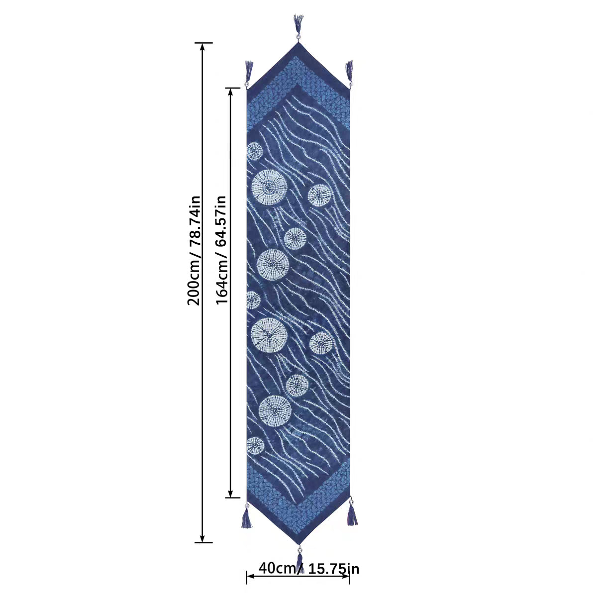 Handmade Indigo Dye Table Runner，Wave & Floral Motif Cotton Table Scarf, Boho Home Decor for Dining Table