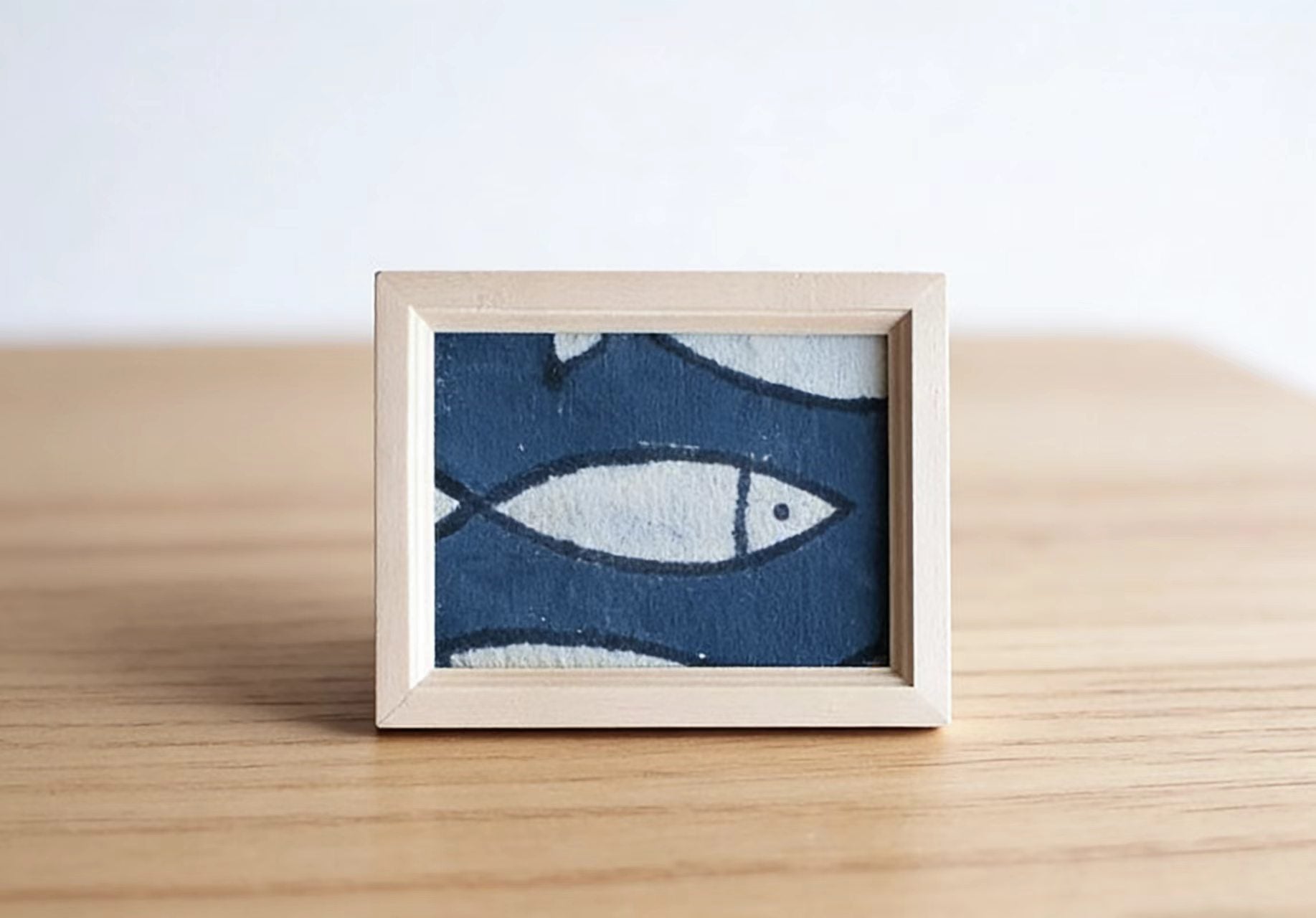 Handmade Indigo Dye Fish Wall Art - Mini Framed Print, Unique Blue & White Pattern