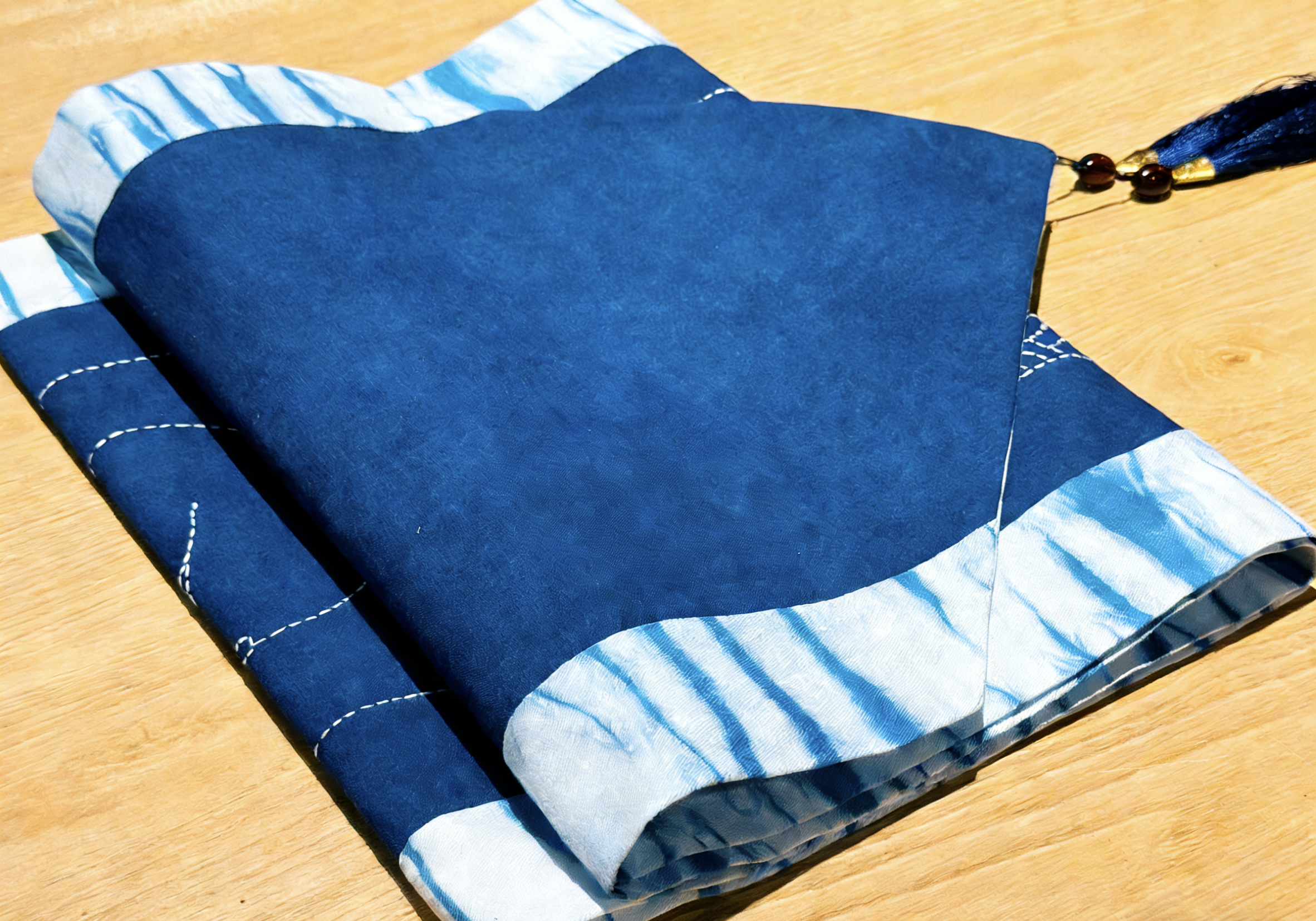 Handmade Indigo Embroidered Table Runner ,Cotton Shibori Table Scarf with Embroidery & Tassel, Unique Blue & White Pattern