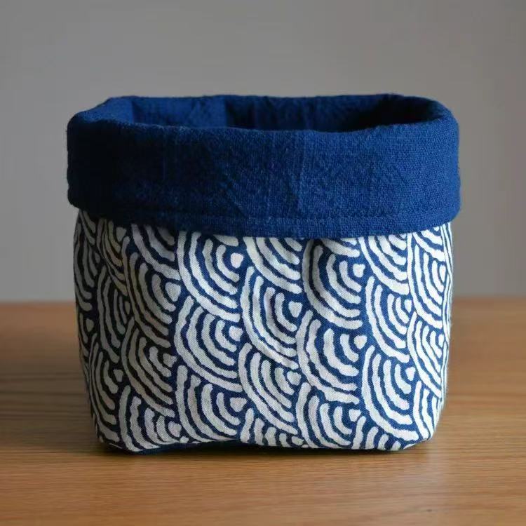 Handmade Indigo Dye Storage Basket - Small Fabric Organizer with Wave Pattern, Unique Blue & White Design