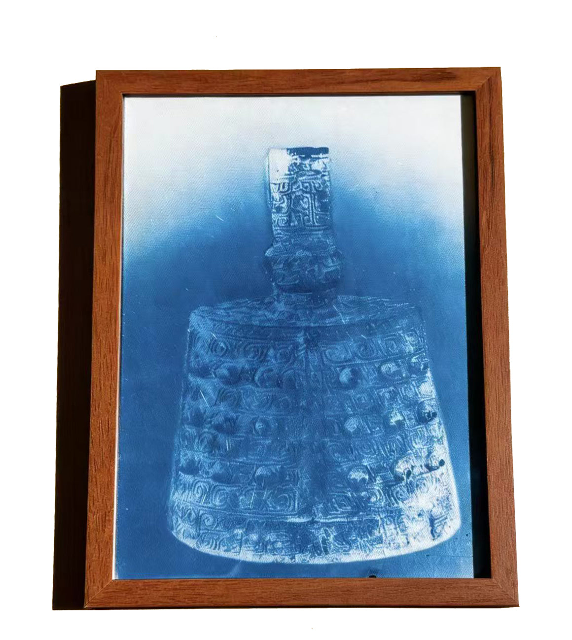 Handmade Indigo Dye Wall Art - Framed Bronze Bell Print, Cotton Shibori Artwork, Unique Blue & White Pattern