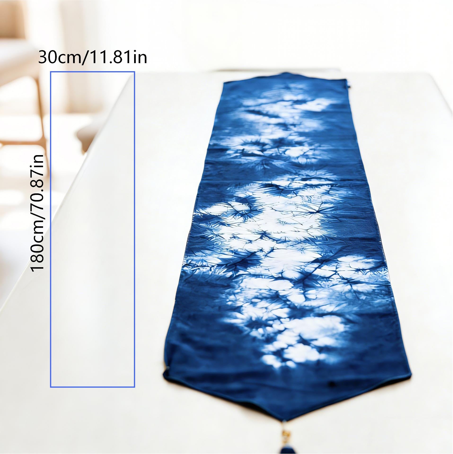 Handmade Indigo Tie-Dye Table Runner, Cotton Table Decor with Tassels