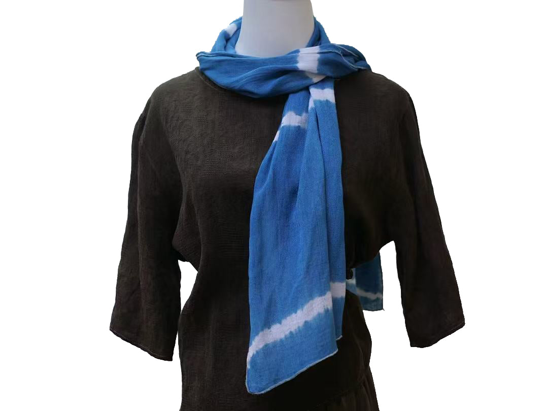Handmade Indigo Tie-Dye Scarf ，Cotton Boho Shibori Scarf, Lightweight Blue & White Neck Wrap