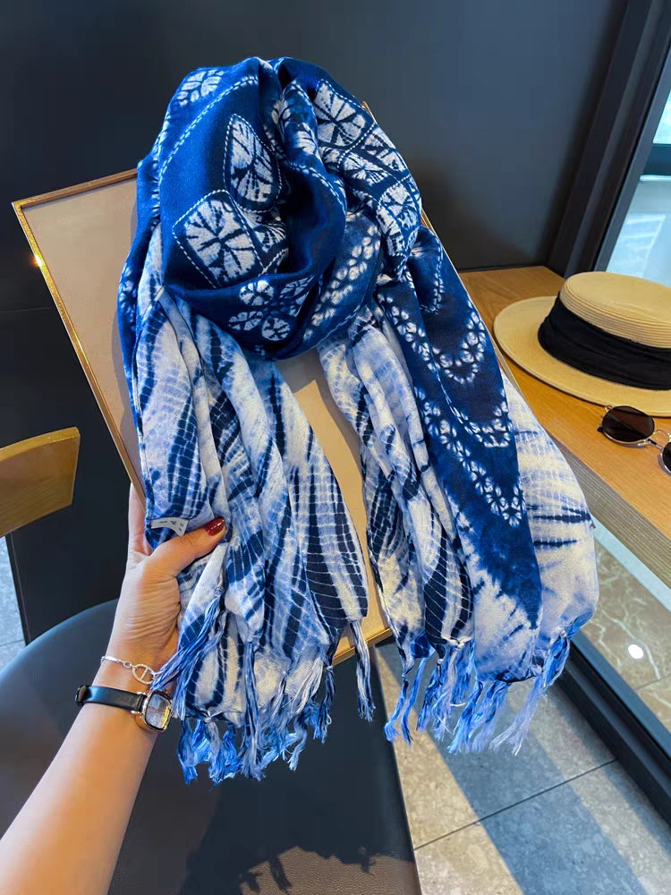 Handmade Indigo Tie-Dye Scarf，Boho Shibori Cotton Scarf with Tassels, Lightweight Blue & White Neck Wrap