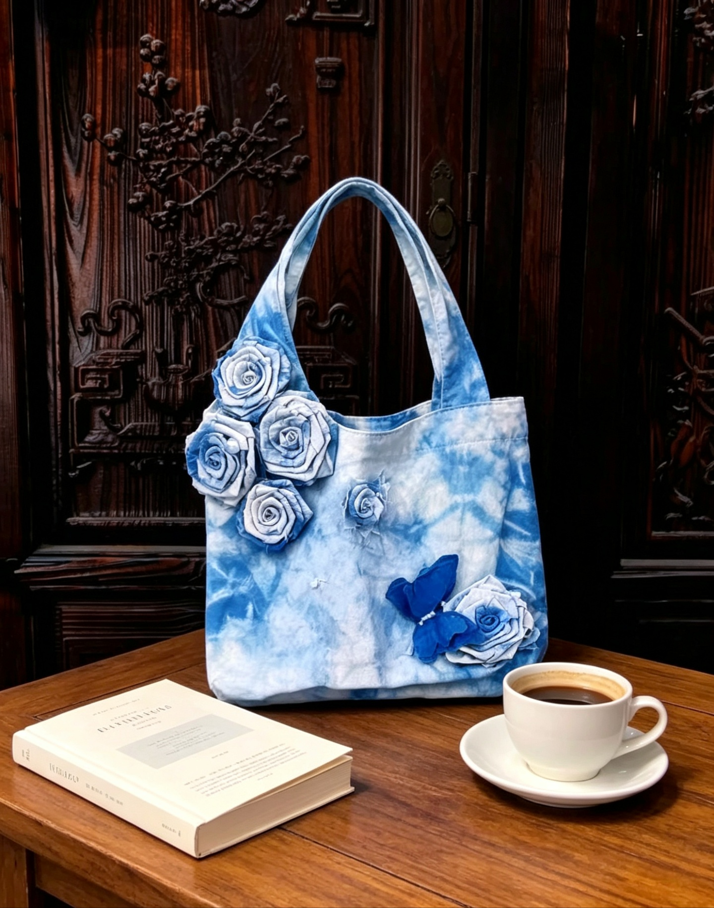 Natural Indigo Shibori Hand Tie Dye Canvas Tote Bag, 3D Fabric Rose Butterfly Decor Bohemian Shoulder Bag for Travel, Daily & Vintage Chinese Outfit