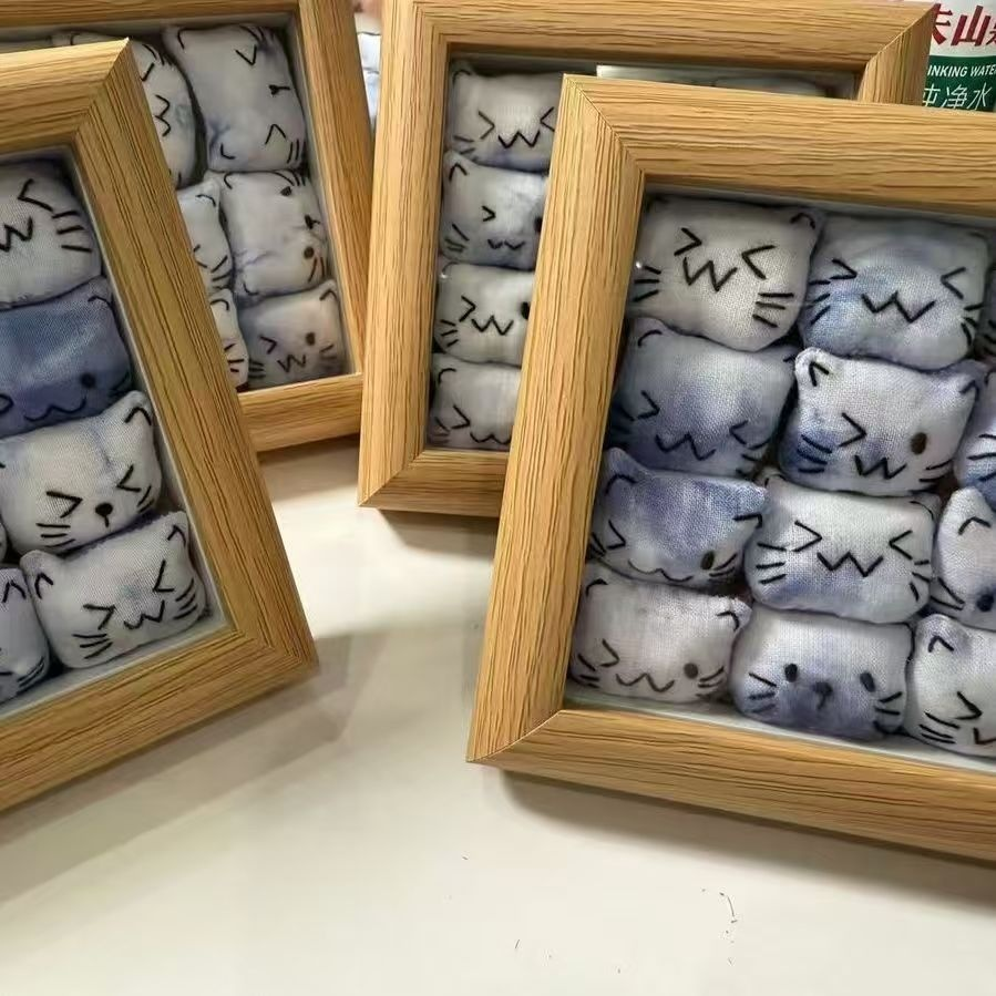 Natural Indigo Shibori Hand Tie Dye 3D Plush Kitten Framed Wall Art, Cute Cat Soft Sculpture Decor Frame for Bedroom, Cafe & Handmade Gift