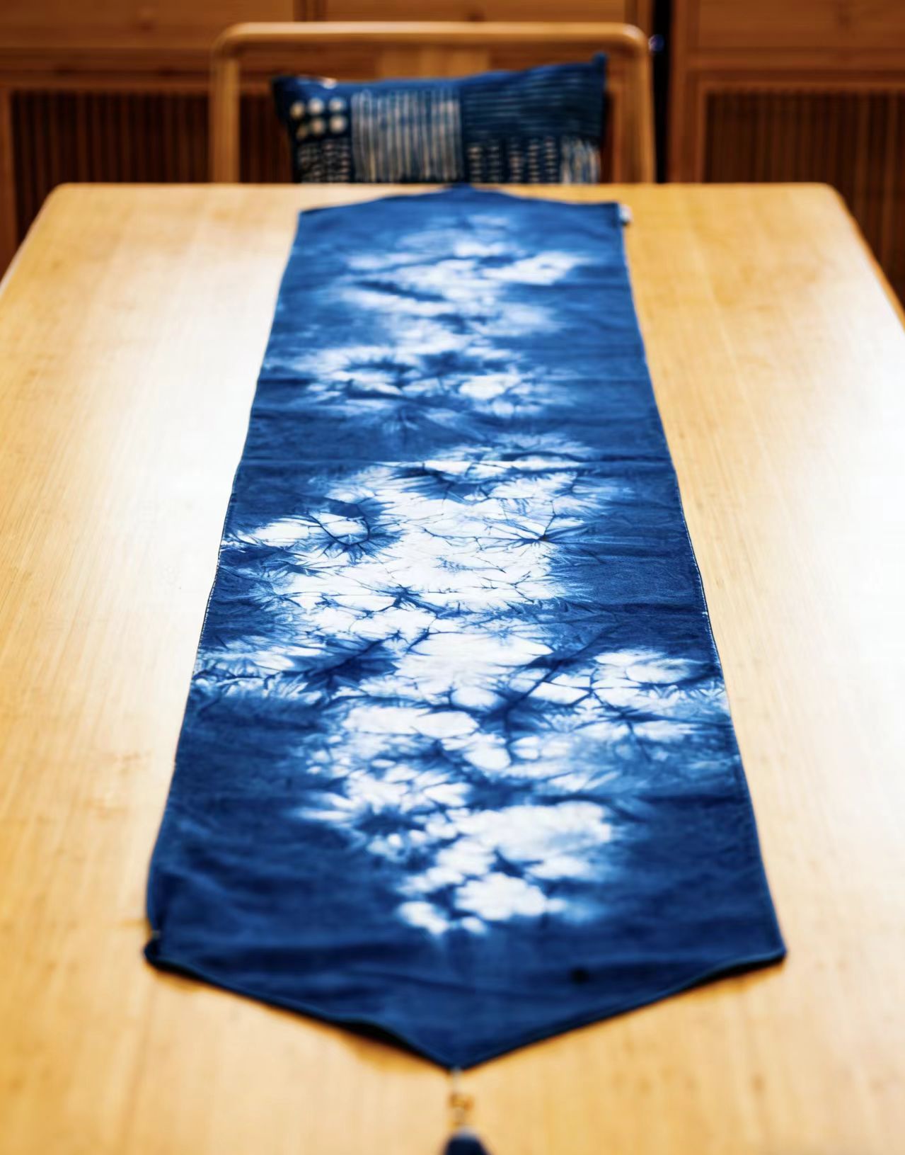 Handmade Indigo Tie-Dye Table Runner, Cotton Table Decor with Tassels