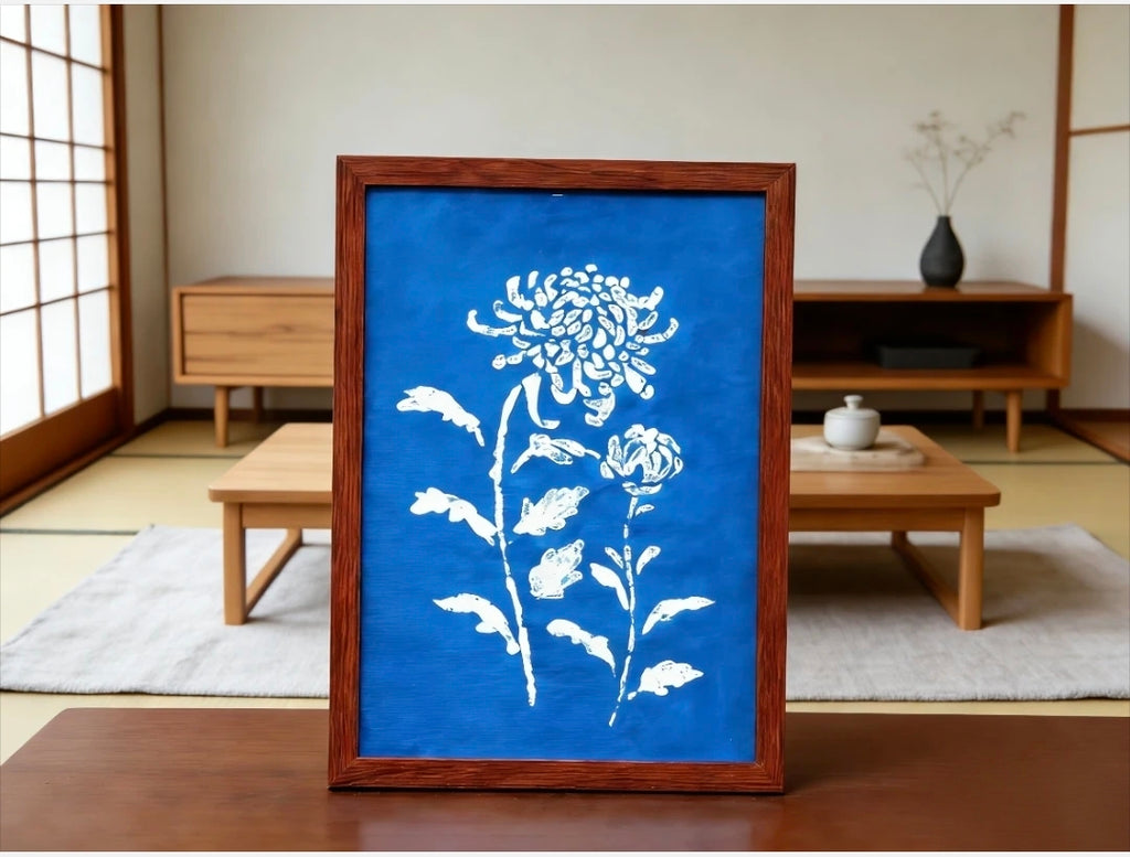 Handmade Indigo Dye Floral Wall Art,Framed Flower Print, Unique Blue & White Pattern