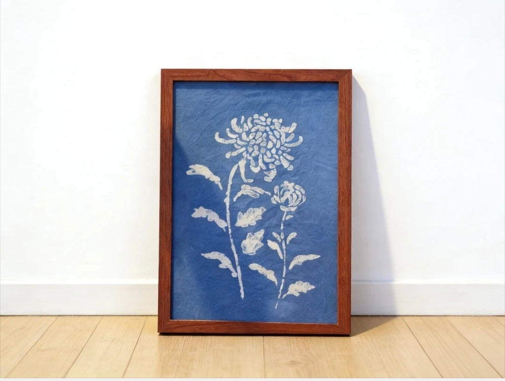 Handmade Indigo Dye Floral Wall Art,Framed Flower Print, Unique Blue & White Pattern
