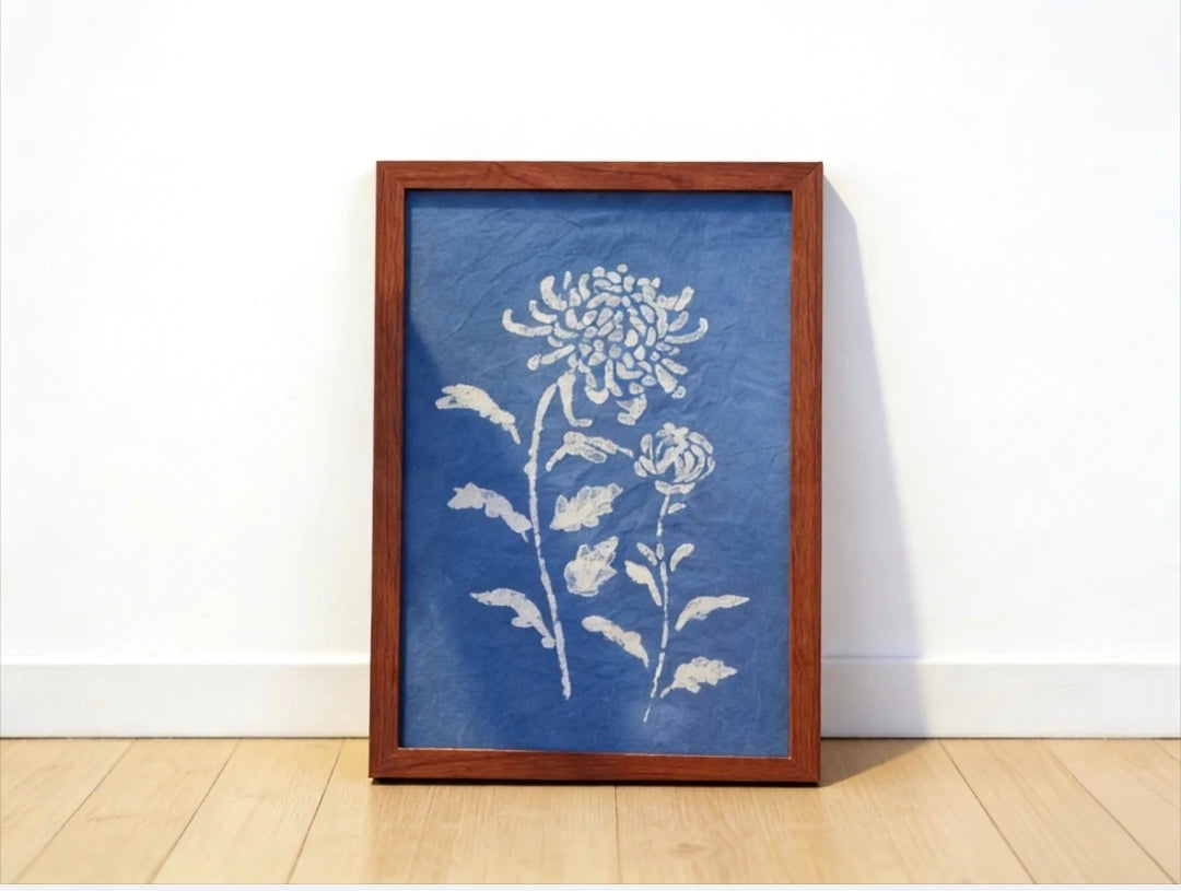 Handmade Indigo Dye Floral Wall Art,Framed Flower Print, Unique Blue & White Pattern