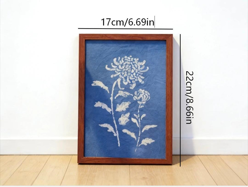 Handmade Indigo Dye Floral Wall Art,Framed Flower Print, Unique Blue & White Pattern