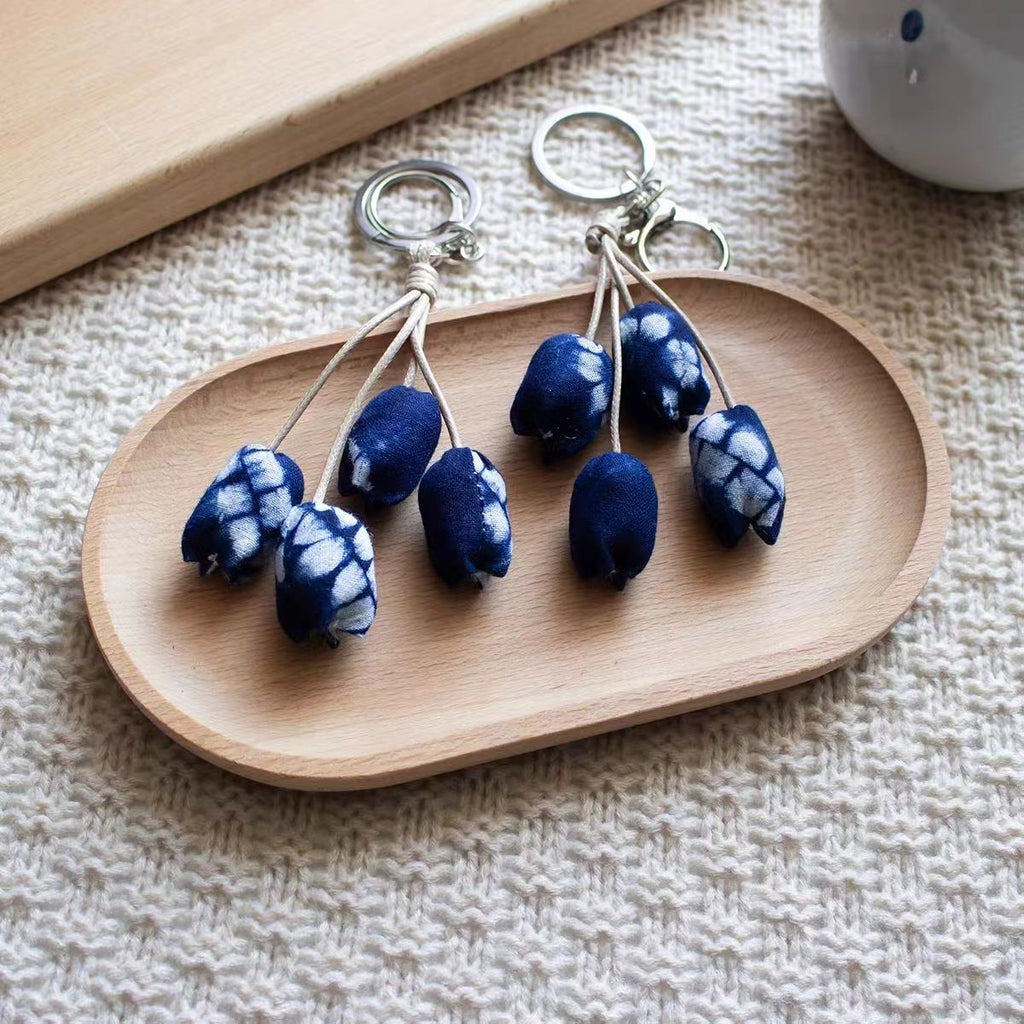 Hand-Dyed Indigo Flower String Charm | Keychain, Bag & Car Ornament
