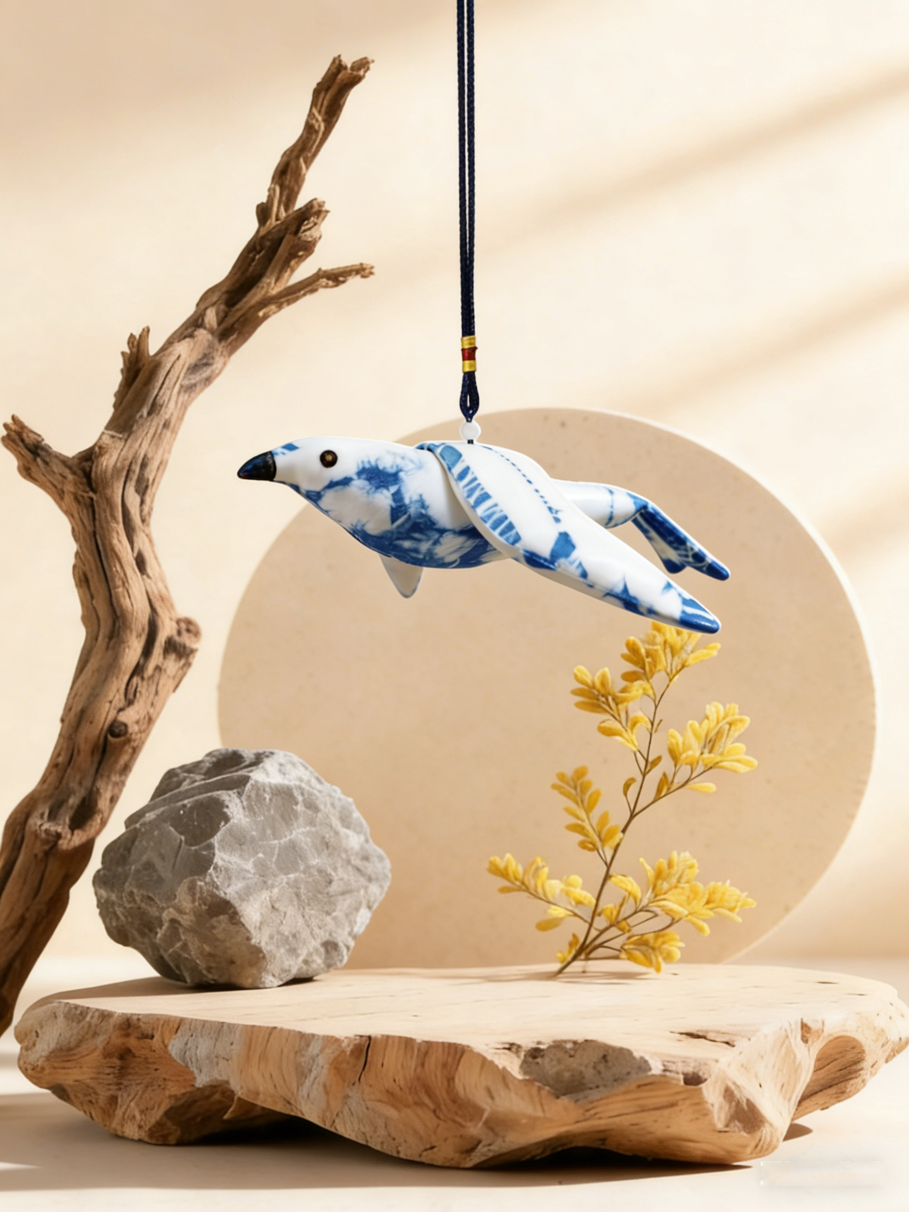 Indigo Tie-Dye Bird Ornament — Hand-Dyed Cotton Hanging Decor