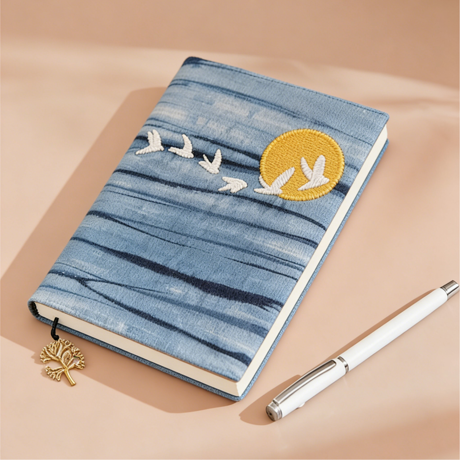 Indigo-Dyed Notebook Cover – Handmade Sun & Crane Embroidery | A5 A6 Journal