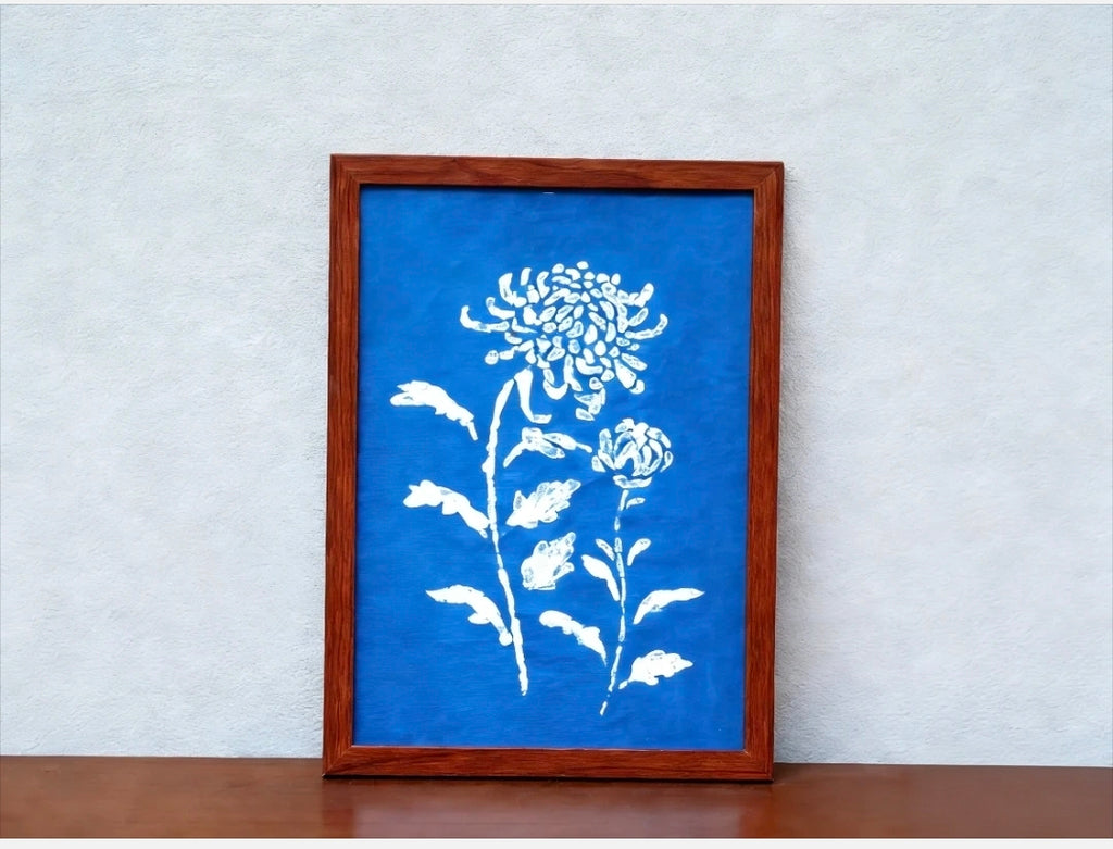 Handmade Indigo Dye Floral Wall Art,Framed Flower Print, Unique Blue & White Pattern