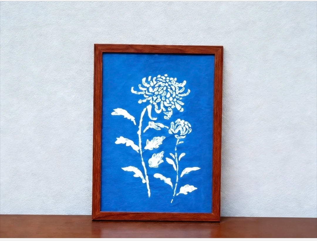 Handmade Indigo Dye Floral Wall Art,Framed Flower Print, Unique Blue & White Pattern