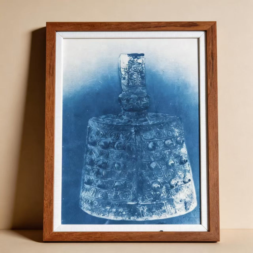 Handcrafted Shibori Indigo Wall Art | Bronze Bell Print | Framed Cotton Textile
