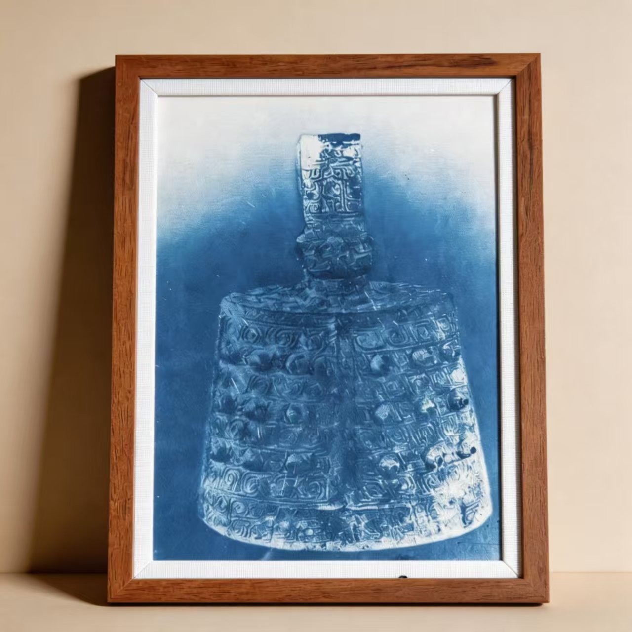 Handcrafted Shibori Indigo Wall Art | Bronze Bell Print | Framed Cotton Textile