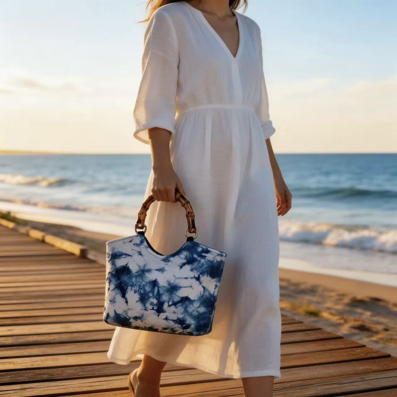 Indigo-Dyed Bamboo Handle Tote Bag – Handmade Artisan Purse | Boho Style