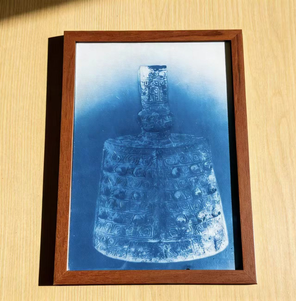 Handcrafted Shibori Indigo Wall Art | Bronze Bell Print | Framed Cotton Textile