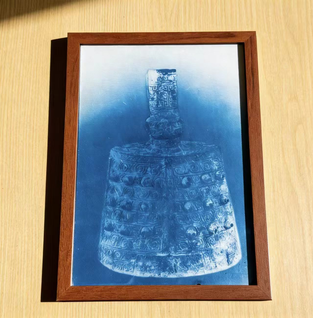 Handmade Indigo Dye Wall Art - Framed Bronze Bell Print, Cotton Shibori Artwork, Unique Blue & White Pattern