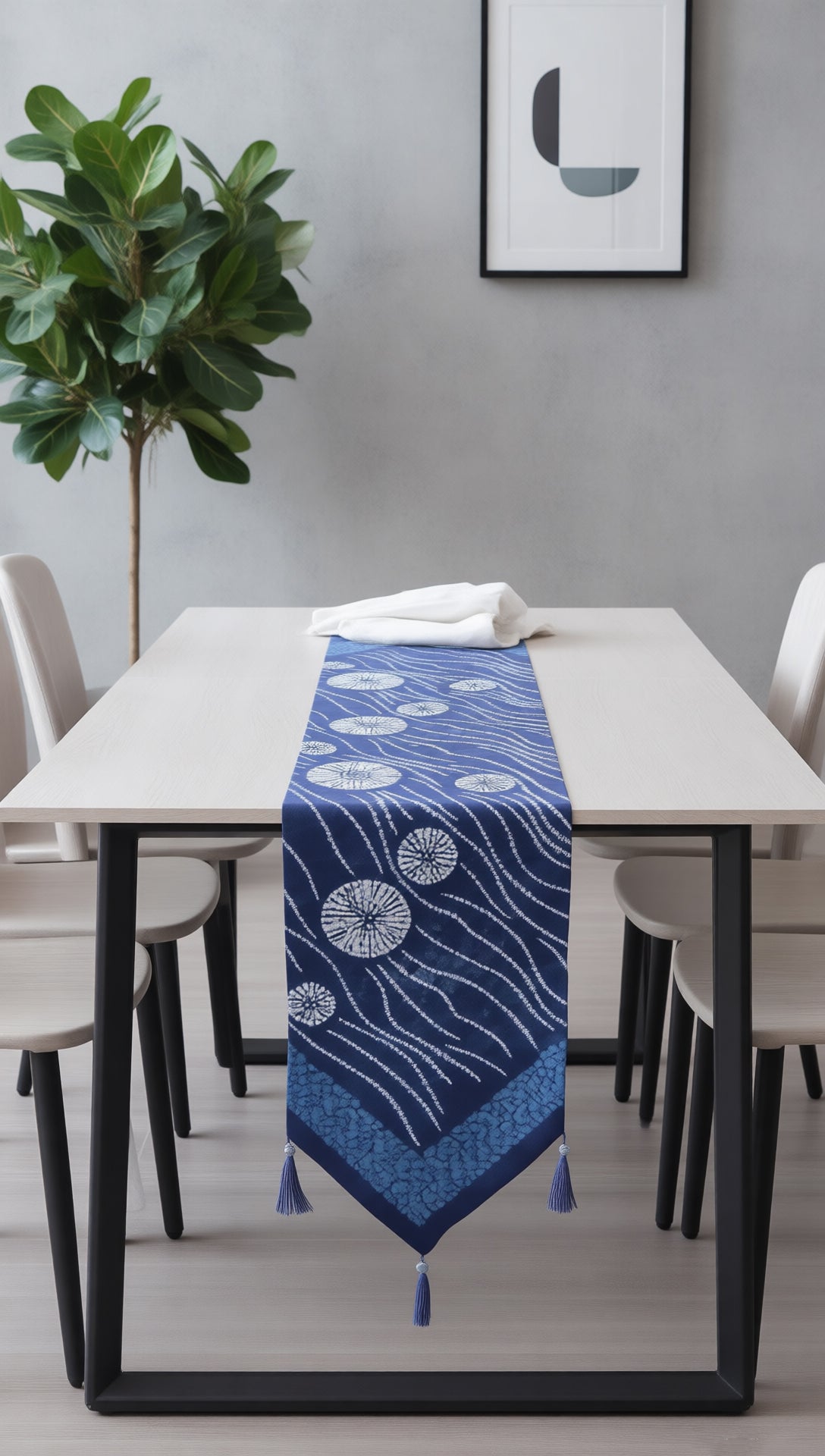 Handmade Indigo Dye Table Runner，Wave & Floral Motif Cotton Table Scarf, Boho Home Decor for Dining Table