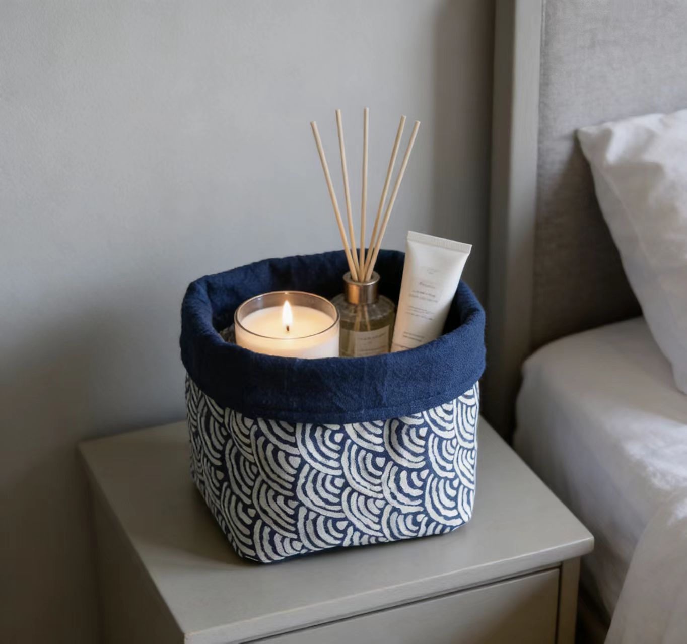 Handmade Indigo Dye Storage Basket - Small Fabric Organizer with Wave Pattern, Unique Blue & White Design