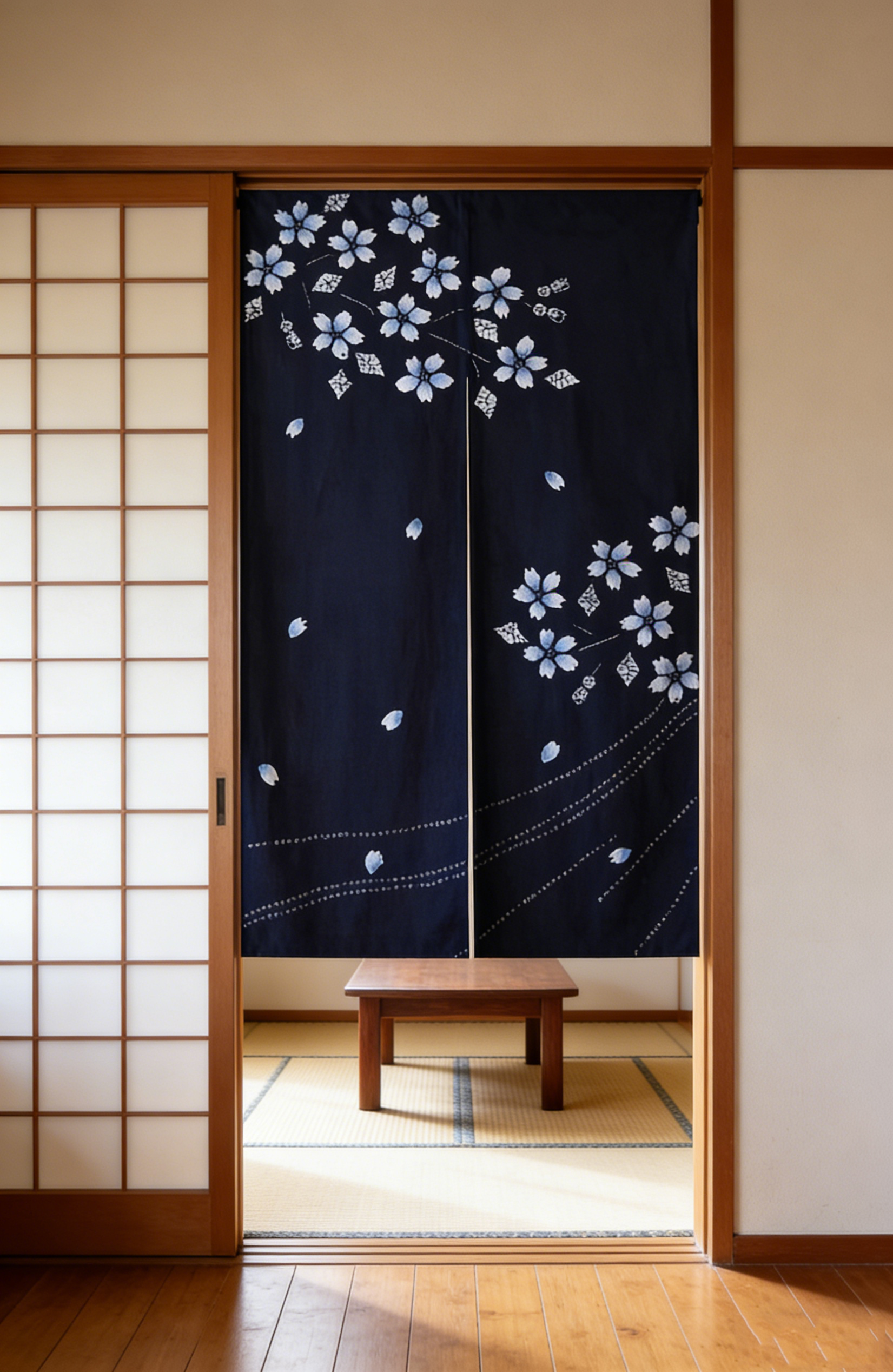 Indigo Hand-Dyed Door Curtain | Plum Blossom & Rabbit