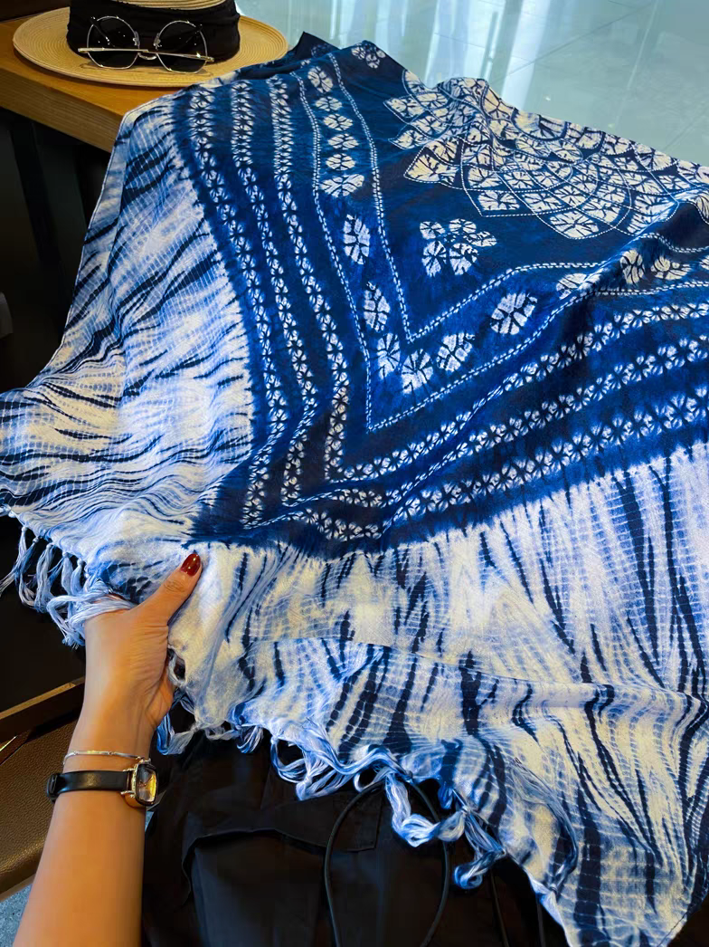 Indigo-Dyed Scarf – Handmade Shibori Geometric Patchwork Cotton Shawl | Boho Tassel Wrap